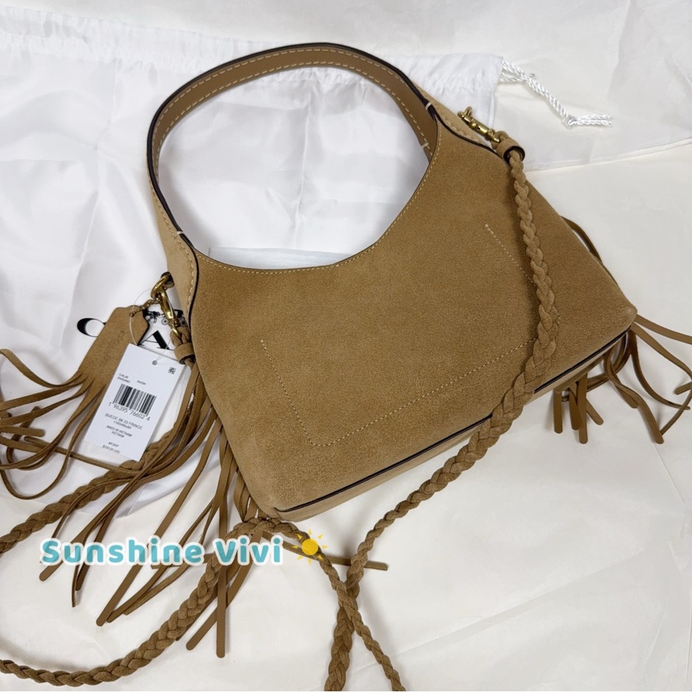 Coach Tan Suede Shoulder Bag with Braided Strap - Picture 10 of 14